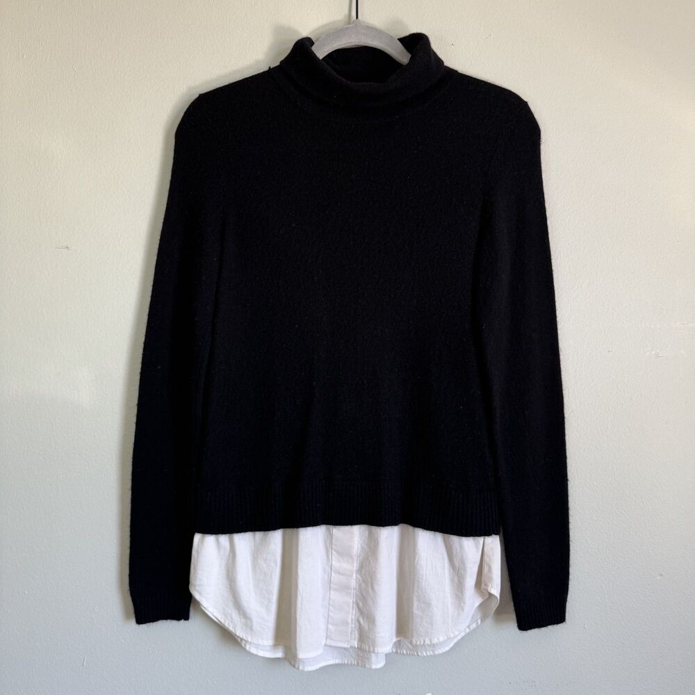 Saks Fifth Avenue Wool Cashmere Blend Black Turtleneck Layered Hem Sweater SP